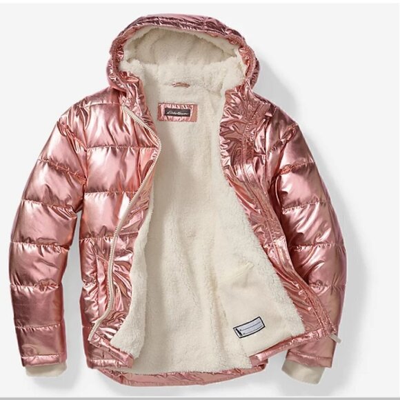 Eddie Bauer Girls Classic Down Hooded Metallic Puffer Jacket Size L (14) - Picture 2 of 9